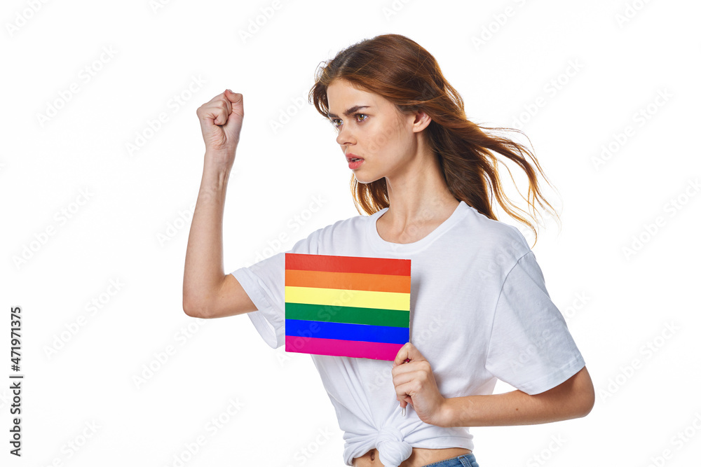 woman wearing white t-shirt lgbt flag inventor community woman wearing white t-shirt lgbt flag inventor community