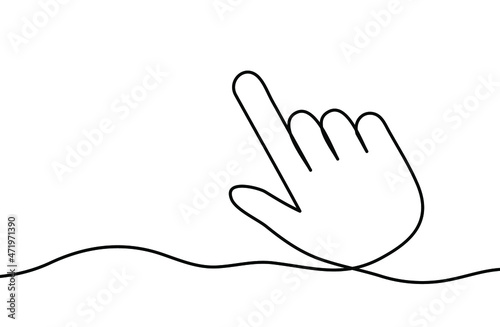 Continuous line drawing of hand with forefinger. Hand linear icon. One line drawing background. Vector illustration. Hand continuous line icon