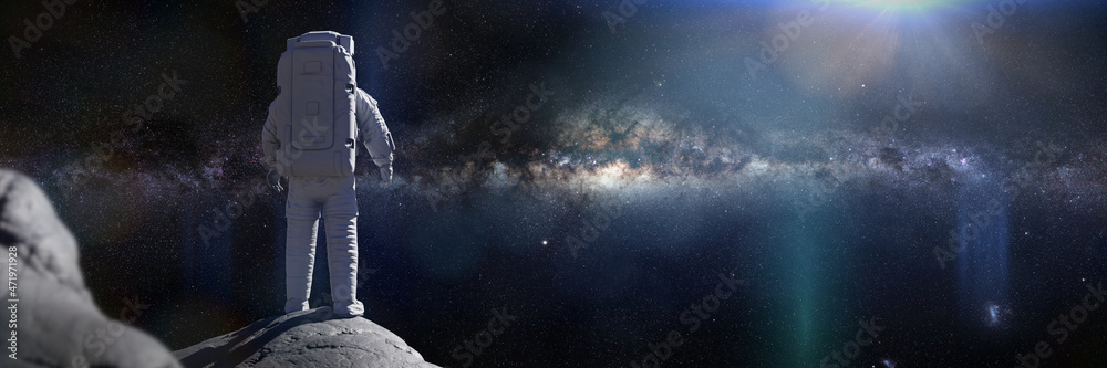 astronaut on the Moon, spaceman watching the Milky Way galaxy