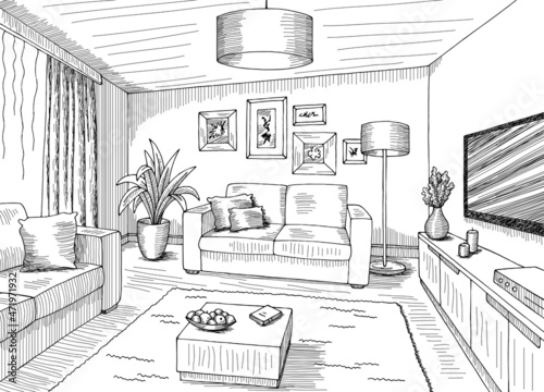 Living room graphic black white home interior sketch illustration vector 
