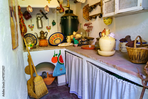 Ancient Andalusian kitchen with materials and objects from bygone times. Cordoba Spain.