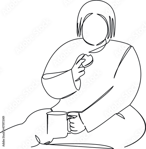 fat girl eats baked goods and drinks