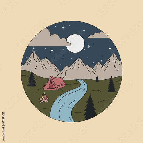 Mountains, river, tent. Badge. Retro hand-drawn vector. For printing on T-shirts, posters and other purposes.