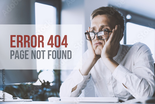 404 page not found and stressed office worker