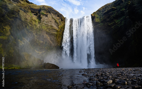 Skogafoss waterfall with rainbow in summer sunshine  South coast  Iceland - 