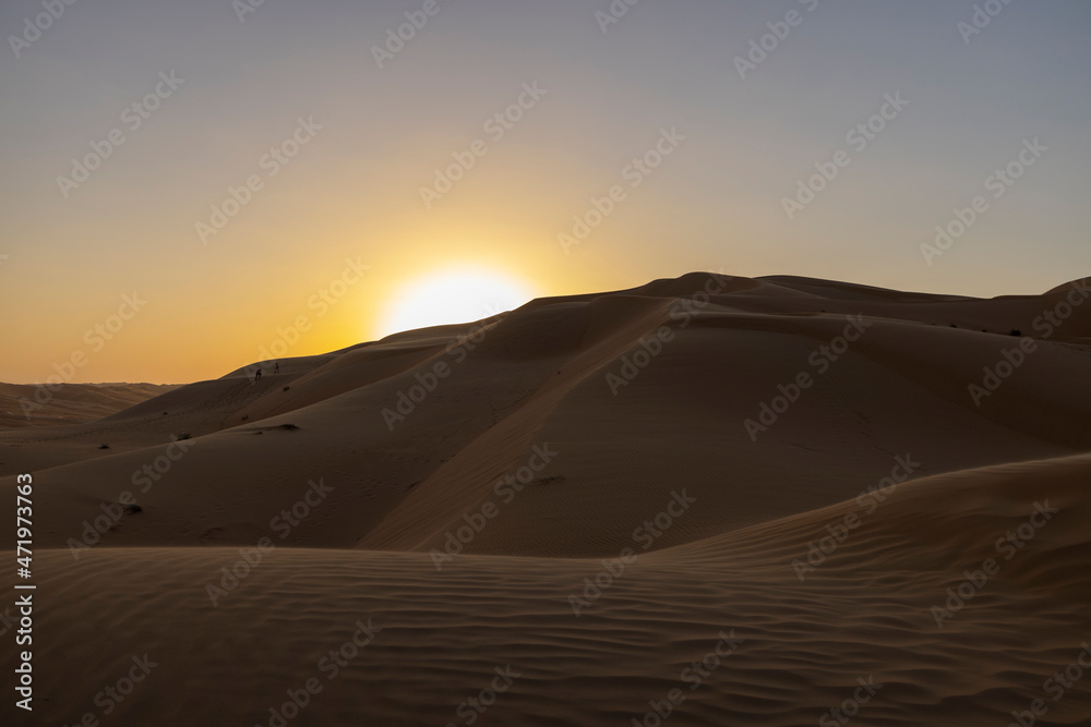 Fototapeta premium Sunset in the arabian desert with rolling sand dunes in Abu Dhabi, United Arab Emirates