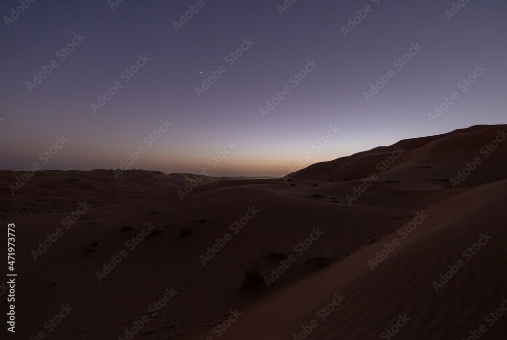 Sunset in the arabian desert with rolling sand dunes in Abu Dhabi, United Arab Emirates