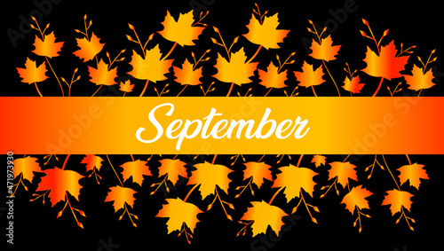 SEPTEMBER month vector decoration with flowers, dragonflies, and leaves. text hand lettering, Illustration month September. Hello Autumn