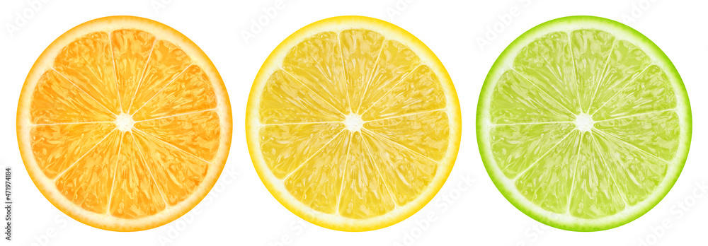 Delicious citrus fruits (orange, lemon, lime) collection, isolated on white background