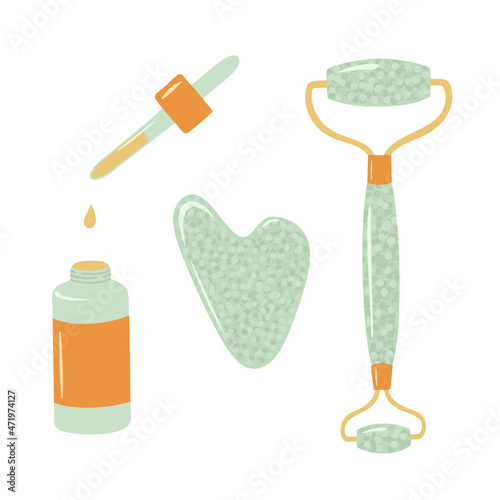 Massage beauty roller, mint green stone face massage roller, gouache scraper, oil bottle. Vector Illustration for backgrounds, packaging, greeting cards, seasonal design. Isolated on white background.