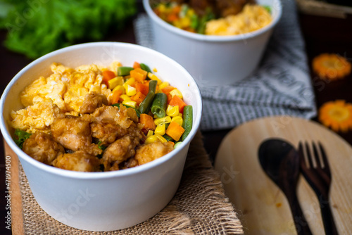 Indonesia style rice bowl, contain chicken katsu, egg, and vegetables