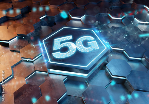 5G icon concept engraved on metal hexagonal pedestral background. Wireless technology logo glowing on abstract digital surface. 3d rendering