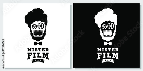 Mister Head Man Producer Film Reel Cinema Movie Retro Production Mustache People Mascot Logo Design