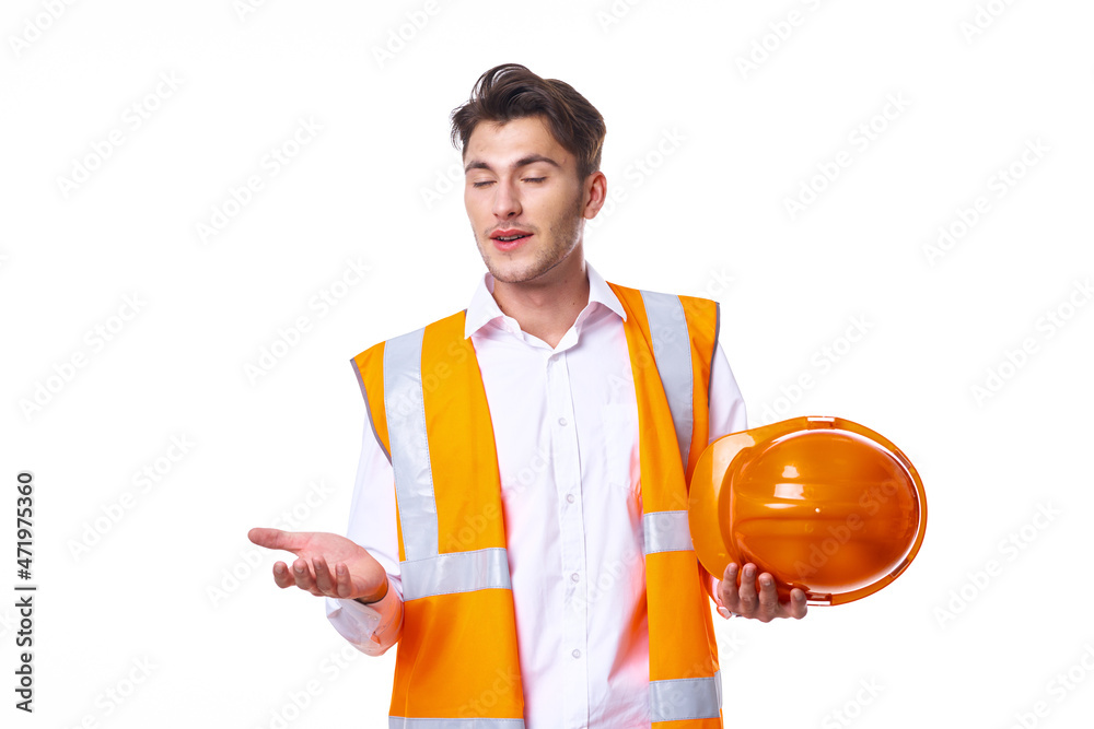 emotional worker in orange uniform Professional light background emotional worker in orange uniform Professional light background