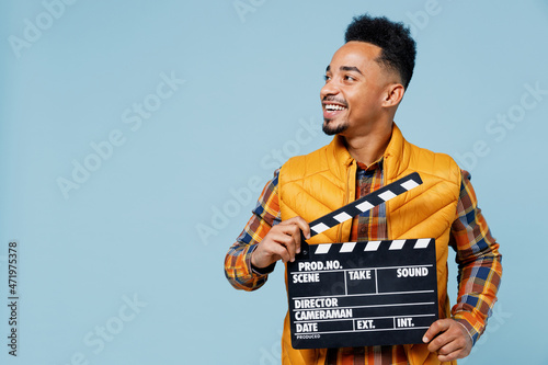 Billede på lærred Jubilant exultant young black man 20s years old wear yellow waistcoat shirt look
