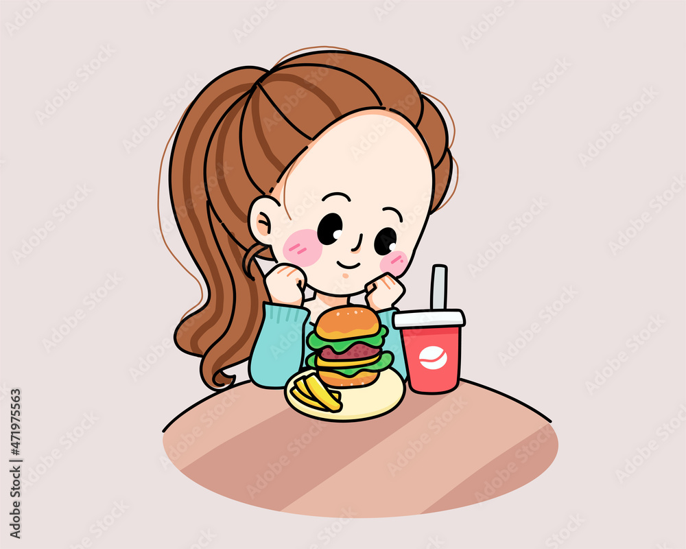 Young woman eating unhealthy or junk food concept cartoon hand drawn cartoon art illustration Young woman eating unhealthy or junk food concept cartoon hand drawn cartoon art illustration