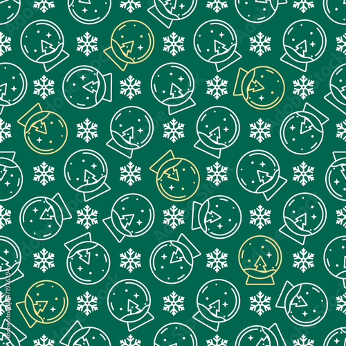 Green seamless pattern with Christmas snow globe and snowflake