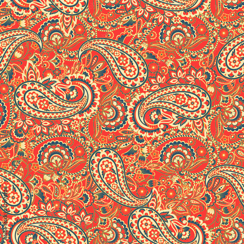 Foto auf Acrylglas mit Nahtloses Blumenmuster mit Paisley-Ornament. Vektorillustration im asiatischen Textilstil #471976788