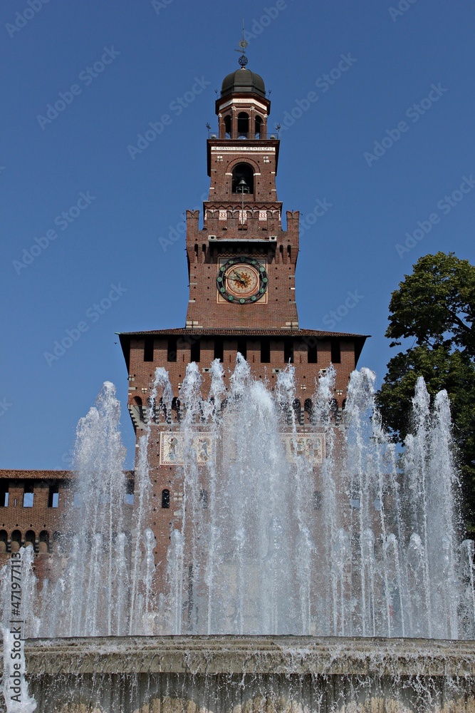 Italy, Milan: View of Main tower of the Sforzesco Castle.