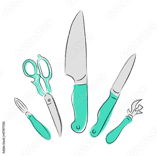 Vector illustration of metal and green kitchen tools isolated on white background: big knife, small knife, scissors, potatoes peeler, can opener.