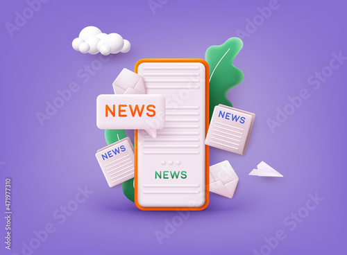Concept News update. News webpage, information about events, activities, company information and announcements for web page. 3D Web Vector Illustrations.
