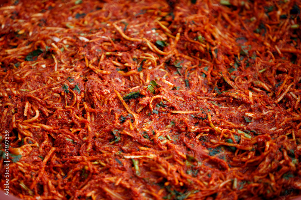 Fototapeta premium Deliciously mixed kimchi seasoning and ingredients 