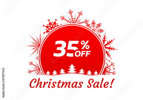 Christmas sale icon, label or banner. Xmas discount promotion poster or card template with snowflakes. 35 percent price off. Vector illustration.