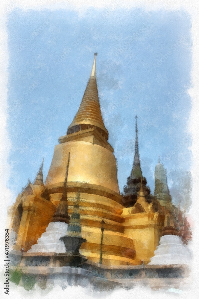 Naklejka premium The Grand Palace Bangkok Thailand watercolor style illustration impressionist painting.