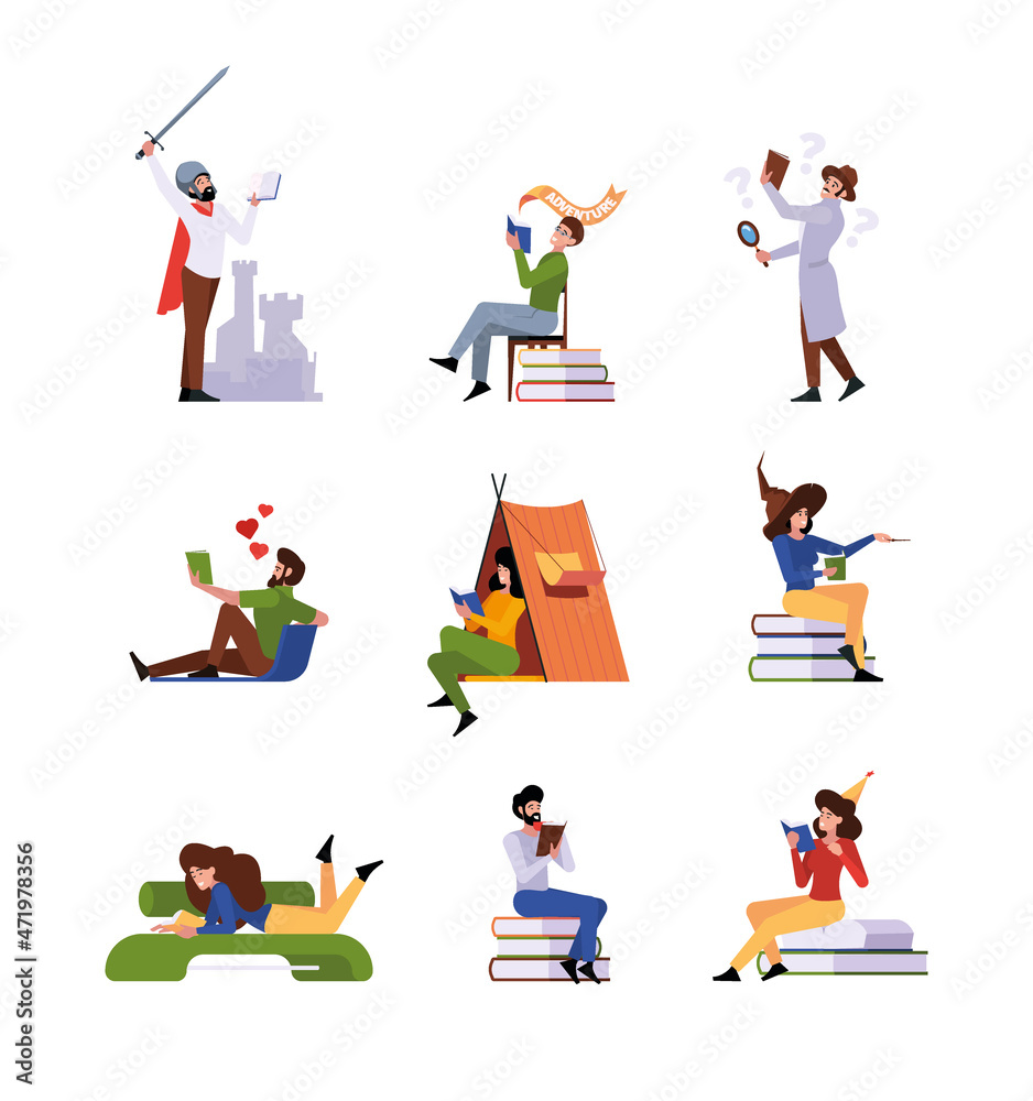 People reading. Rest lazy time with paper books smart people at home or in library reading books garish vector concept picture of hobby or lifestyle