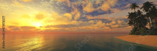 Beautiful beach with palm trees at sunset, panorama of a tropical landscape, sea sunset, 3d rendering © ustas
