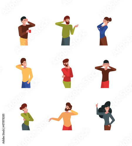 Thinking person. People standing with question signs different solutions confusion minds bad or good ideas smart thinks garish vector flat illustrations