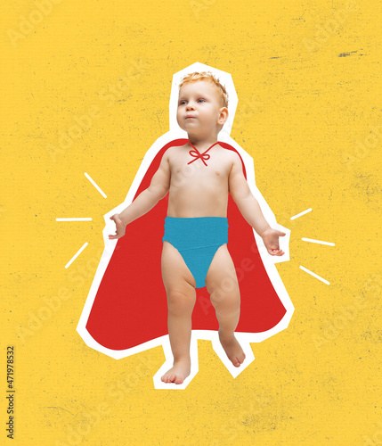 Contemporary art collage of little boy, playful child wearing red cloak like superman isolated over yellow background photo