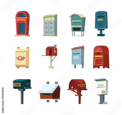 Mailboxes. Post box for correspond letters delivery individual numeric containers for receiving correspondence garish vector illustrations photo