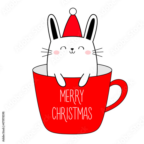 Merry Christmas Happy New Year. Cute bunnny in cup of coffee tea. Red Santa hat. Funny kawaii doodle animal. Line rabbit hare. Cartoon funny baby pet character. Flat design. White background photo