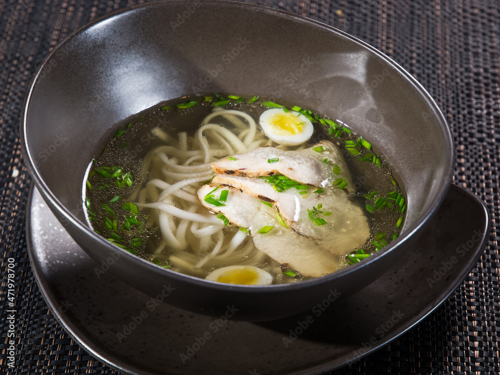 chicken noodle soup with parsley and egg in a bowl on dark background