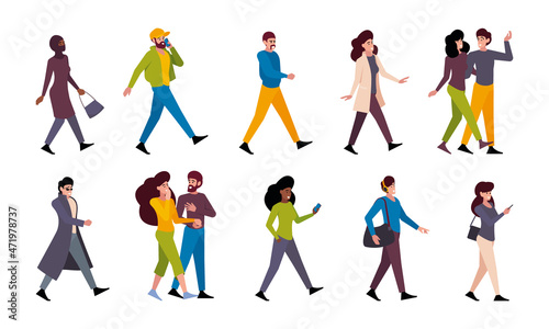 Walking people. Outdoor characters male and female happy couples walking garish vector flat persons