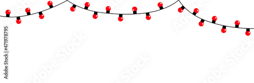 Christmas light set. Red color string fairy lights. Lightbulb glowing garland line. Cartoon holiday festive xmas decoration banner. Flat design. Isolated. White background.