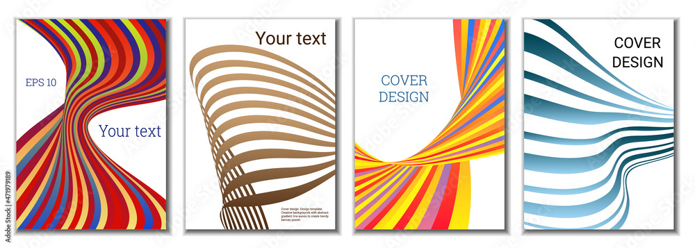 A set of 4 abstract covers. Wavy parallel gradient lines, ribbons evolve. Cover design, background. Trendy banner, poster. A set of 4 abstract covers. Wavy parallel gradient lines, ribbons evolve. Cover design, background. Trendy banner, poster.