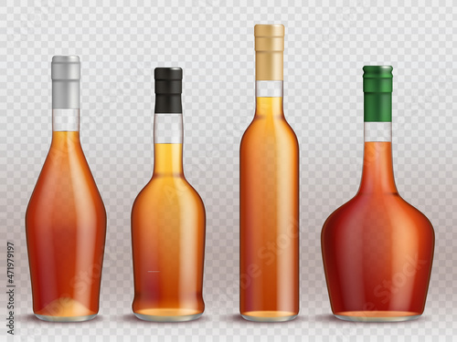 Cognac bottles. Realistic transparent containers for liquid alcohol drinks liquor whiskey brandy tequila wine for irish party pub decent vector set