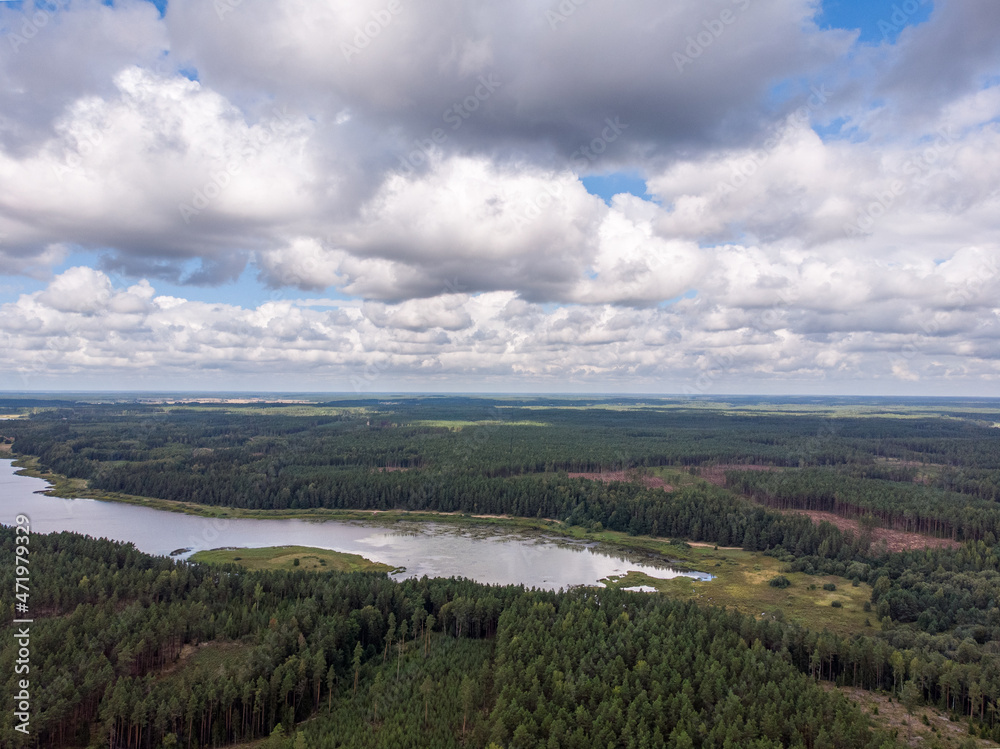 Fototapeta premium Areal drone photography view of countryside forest and small lake.