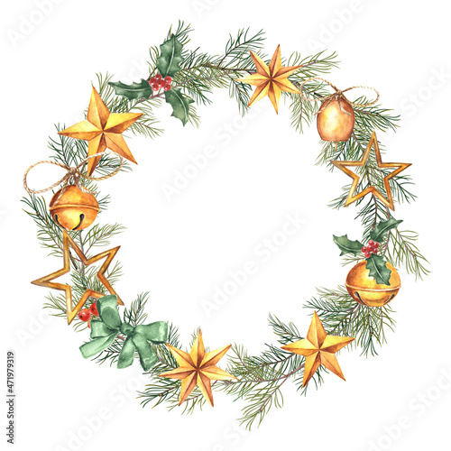 Watercolor Christmas wreath of spruce branches and golden stars and jingle bells