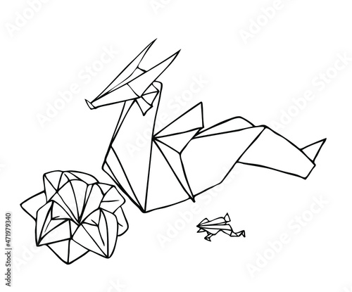 Vector ink sketch of the origami paper figures: dragon, rose, and frog