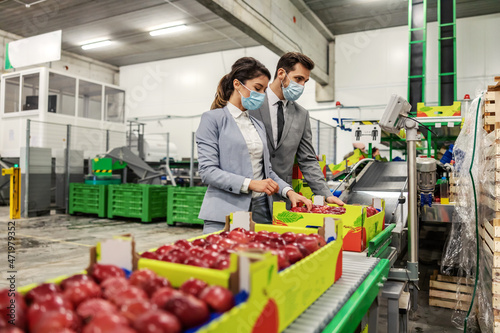 Fruit and apple inspection by management of the company. Man and woman wear elegant suits and protective face masks while standing in the process of making apples. Fruit quality check in the factory