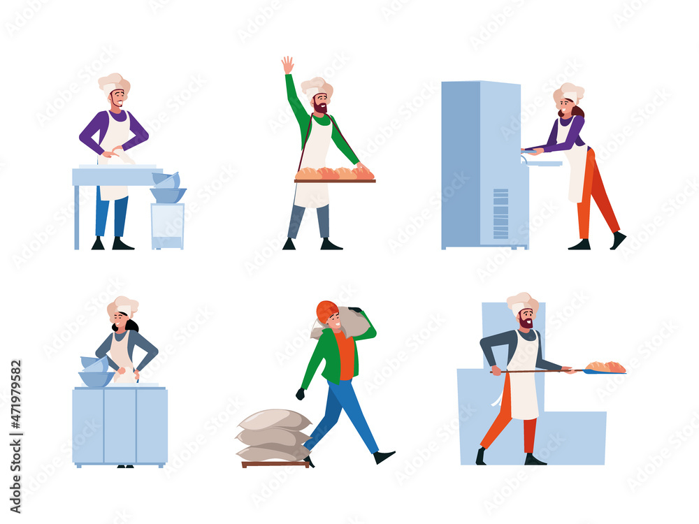 Bakery production. Equipment and professional workers making fresh bread from natural wheat industrial stages for preparing rural food garish vector flat illustrations