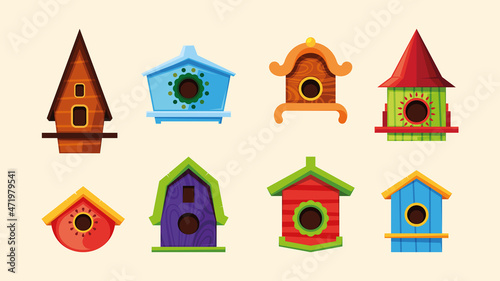 Birds house. Wooden garden home with decorative fence for flying birds garish vector cute houses colored illustrations