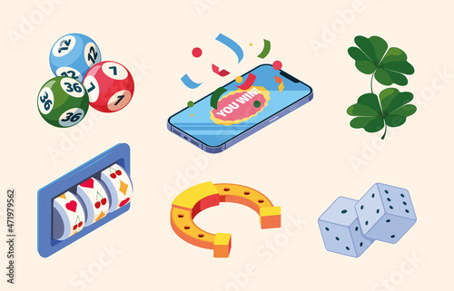 Lottery isometric. Big fortune prize chance win gaming slots bingo money lottery casino players garish vector set