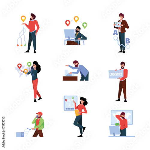 Logistic warehouse. Storage people controlling delivery services boxes transportation distribution organisation persons callcenter workers garish vector colored pictures