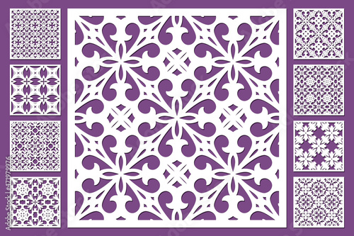 Laser cut square ornamental panel templates set. Cabinet fretwork screen. Metal design, wood carving, vector.