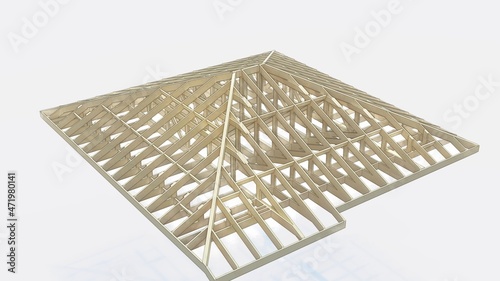 the frame of the hip roof truss system with trusses is a photorealistic drawing on a white background