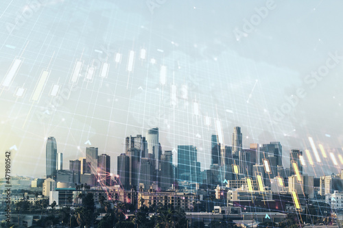 Multi exposure of virtual abstract financial chart hologram and world map on Los Angeles skyscrapers background, research and analytics concept